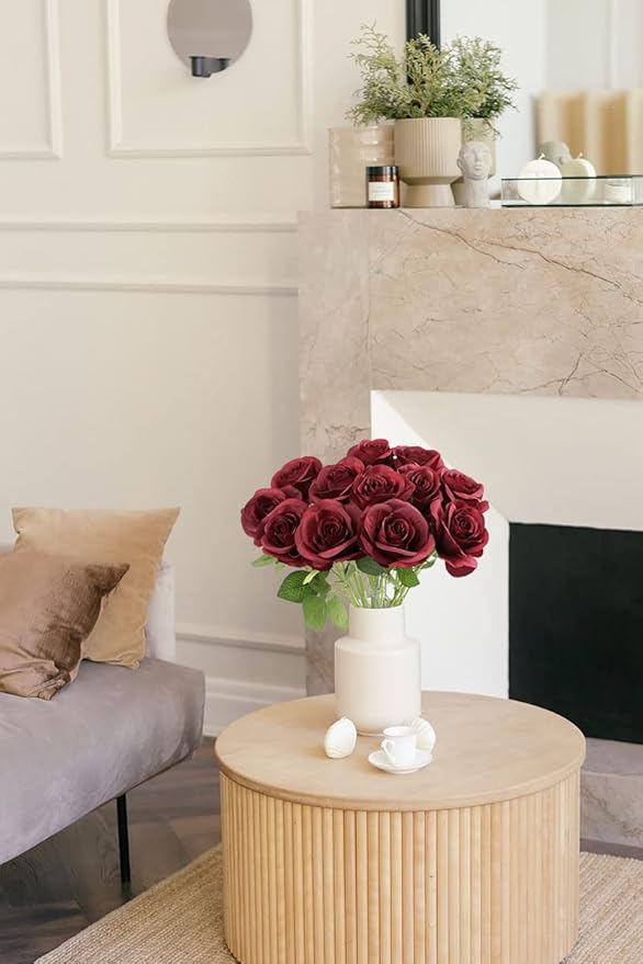 Artificial Rose Flower Artificial Flowers Flower with Long Stem Silk Roses Bouquet for Wedding Bridal Shower Party Home Decoration (Burgundy, 30 Pcs)