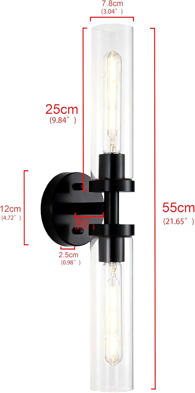 AT-VALY Wall Sconces Set of Two,Vanity Light Fixtures with Clear Glass,Modern Sconces Wall Decor for Bathroom, Living Room Mirror (Matte Black)