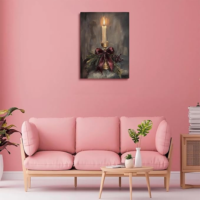 Vintage Christmas Candle Art,Christmas Vertical Candle Print,Rustic Holiday Wall Art,Burgundy Holiday Decor,Festive Victorian Stocking Art,Christmas Home Fireplace Decor24x36inch Framed Art