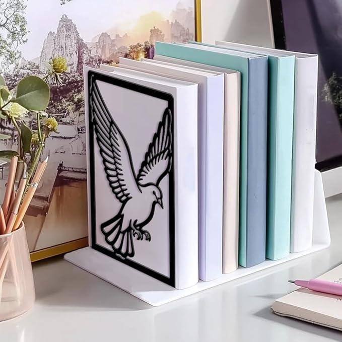 Peacoblue Metal Bookends for Shelves, Modern Decorative Heavy Duty Study Book Ends Stoppers for Office, Desk, Shelf, Room 5.3"x4.3"x7.9" Cast Iron Simple Tall Bookends 1 Pair (Pigeon)