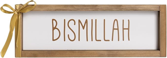 Bismillah Sign, Wooden Ramadan Eid Mubarak Table Top Decor, Islamic Decorative Signage Wood Plaque Indoor Table Centerpieces Wall Shelf Desk Mantel Rustic Decorations for Home, Muslim Gift