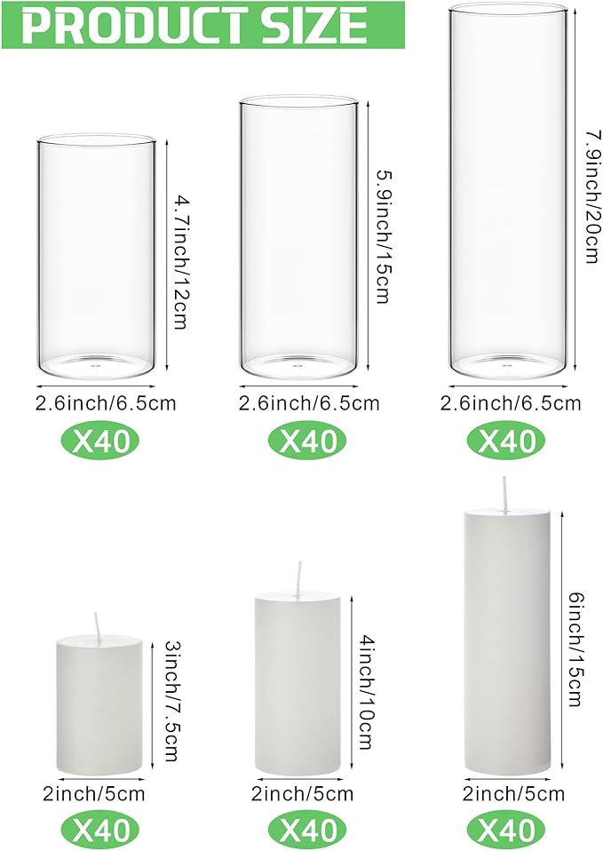 Shihanee 240 Pcs Pillar Candles and Glass Cylinder Vases Clear Cylinder Holders for Slim Pillar Candles Table Decoration (White)