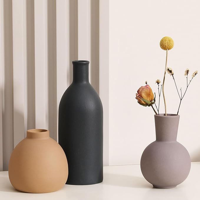 Ceramic Vase Set of 3 - Handcrafted Ceramic Vases for Home Decor & Shelf - Modern Farmhouse Decor for Kitchen, Office, Bedroom & Living Room Decorative Objects for Mantel, Table Centerpieces