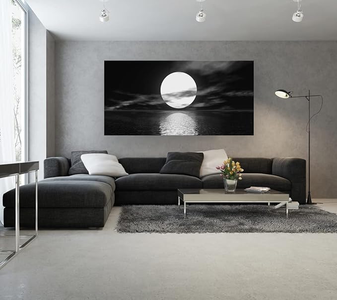 Cao Gen Decor Art S06475 Wall Art Canvas Sea White Full Moon in Night Picture Canvas Poster Print Black and White Ocean for Living Room Bedroom Kitchen Home Decorations Framed Artwork