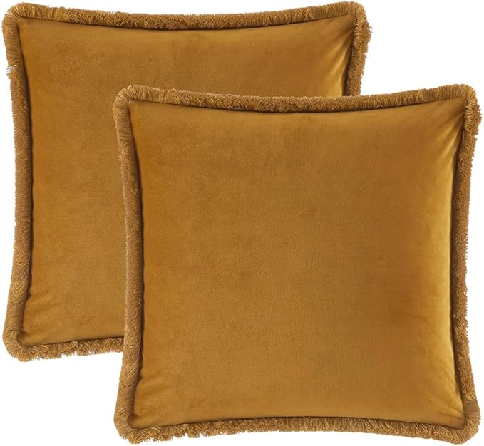 JUSPURBET Mustard Yellow Decorative Velvet Fringe Throw Pillow Covers 22x22 Set of 2 Boho Soft Cushion Case for Home Decor Living Room Couch Sofa Bed