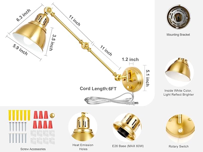 2 Pack Plug in Wall Sconces, Dimmable On Off Switch, Swing Arm Wall Lamps, Wall Sconces Set of Two, Gold Metal Industrial, Plug-in or Hardwired (Gold, Without Bulbs+Remote)