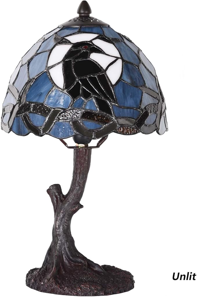 Bieye L12010 Raven Sitting on Bare Tree Branch in Full Moon Night Tiffany Style Stained Glass Table Lamp for Home Decor (Dark Blue, 8Wx14H)