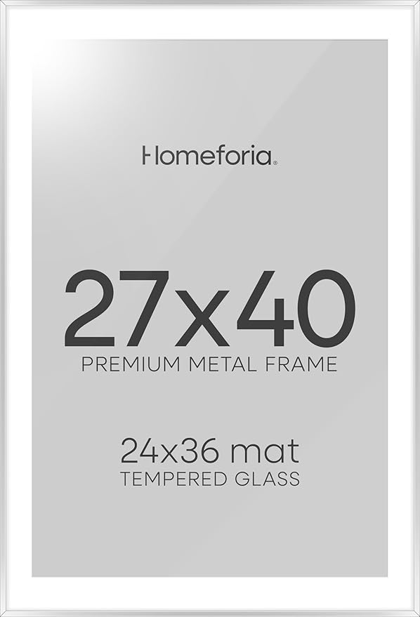 Homeforia Silver Poster Frame 27x40, High End Metal Large Picture Frame with Mat 24 x 36 Photo, Silver Movie Frames Matted to 24x36, 40x27 Thin Frames, Tempered Glass, Wall Kit, Set of 1