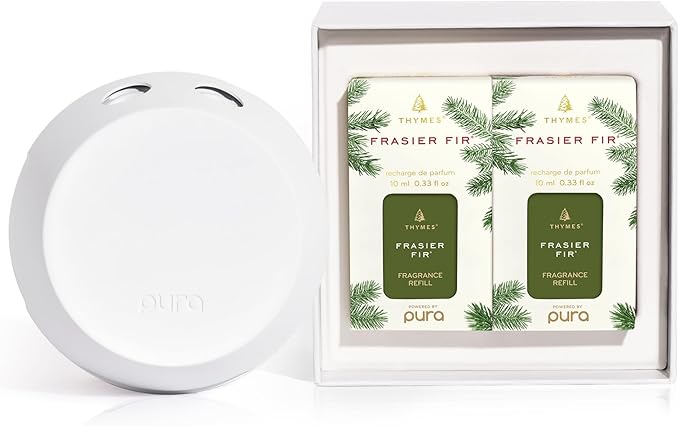 Thymes x Pura 4 - Smart Home Fragrance Diffuser Kit - Includes 1 Pura Diffuser + 2 Fragrance Refill Vials - Long Lasting Scents - LED Light - 2.4 GHz WiFi Required (Frasier Fir)