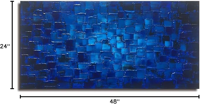 MyArton Textured Abstract Squares Canvas Wall Art Hand Painted Modern Dark Blue Oil Painting for Decoration Ready to Hang 48x24inch