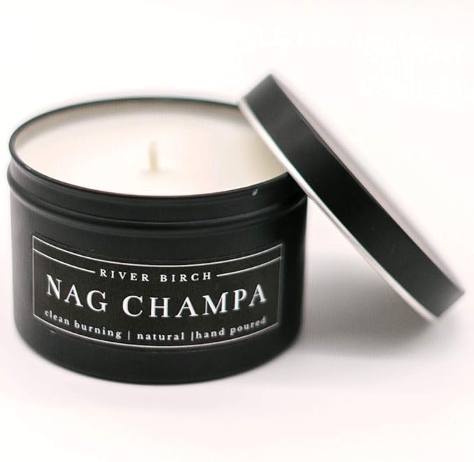 River Birch Candles Nag Champa Scented Candle | Premium, All-Natural, Non-Toxic, Soy Candles | 8 oz. Black Matte Tin Travel Candle | Cozy Relaxing Gifts for Home