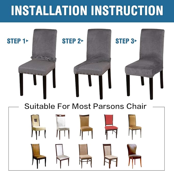 H.VERSAILTEX Velvet Dining Chair Covers Stretch Chair Covers for Dining Room Set of 6 Parson Chair Slipcovers Chair Protectors Covers Dining, Soft Thick Solid Velvet Fabric Washable, Grey