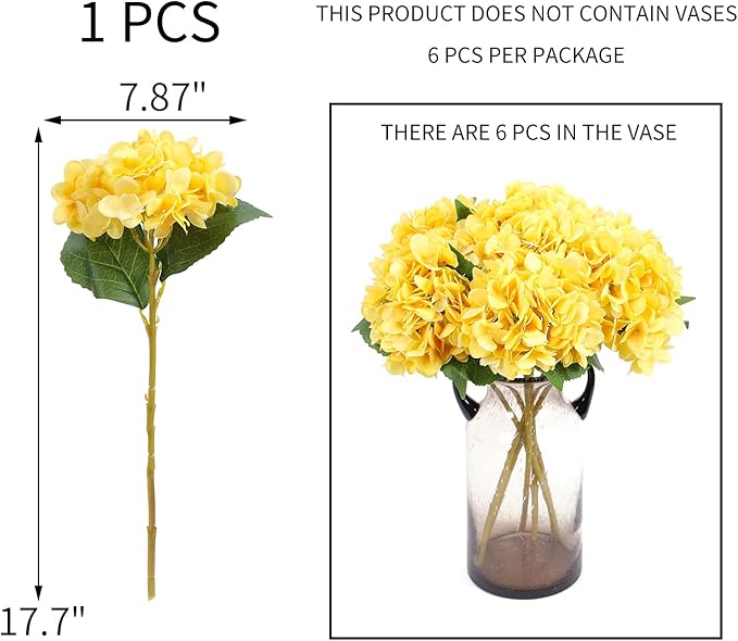 Kimura's Cabin 6pcs Yellow Fake Hydrangea Flower Artificial Silk Hydrangeas Bouquets with Stems Faux Hydrangea for Home Wedding Baby Shower Birthday Party Decoration (Yellow)