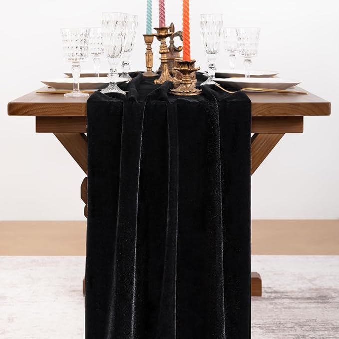 Socomi Black Velvet Valentine's Day Table Runner Cloth Decor 20 x 120 Inches 10ft Fabric Luxurious Thanksgiving Wedding Runner for New Year Bridal Shower
