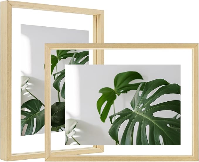 Egofine 9x12 Floating Frames Set of 2, Double Plexiglass Picture Frame, Made of Solid Wood Display Any Size Photo up to 9x12, Wall Mount or Tabletop Standing, Natural Wood