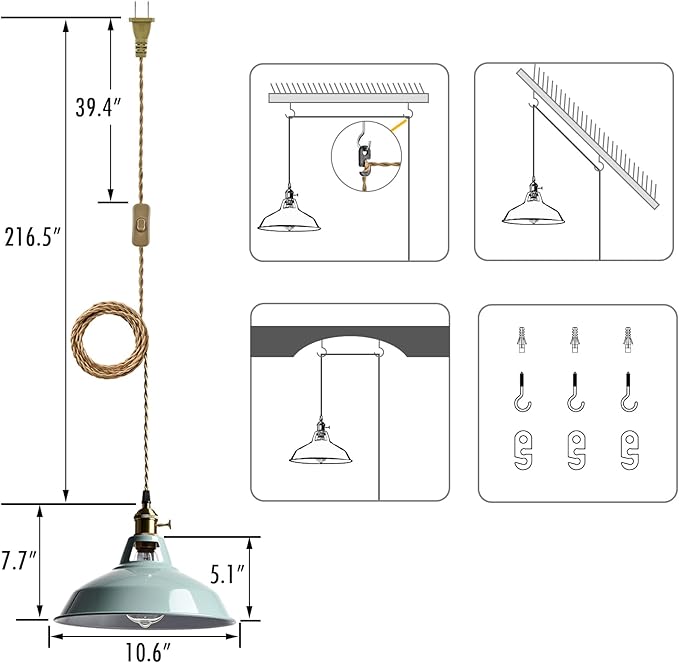 YUBOLE Modern Macaron Plug-in Plendant Light,10.6-Inch Hanging Light Fixtures with Metal Barn Shade Adjustable 17.06 Feet Plug Cord Pendant for Kitchen Bar Dining Bedroom,Sea Blue