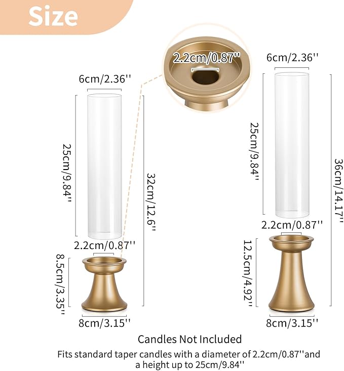 NUPTIO Taper Candle Holders Gold: Set of 2 Candlestick Holder with Hurricane Glass Cover - Tall Metal Candles Stick Stand for Fall Thanksgiving Christmas Seasonal Fireplace Decor