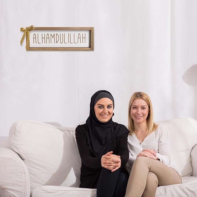 Alhamdulillah Sign, Wooden Ramadan Eid Mubarak Table Decor, Islamic Decorative Signage Wood Plaque Indoor Tabletop Centerpiece Wall Shelf Desk Mantel Rustic Decorations for Home, Muslim Gift