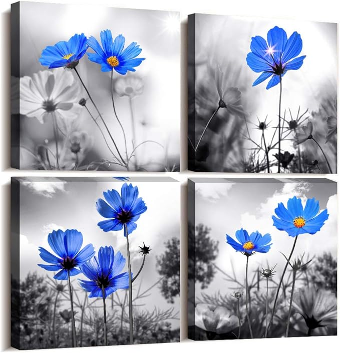 Canvas wall art for kitchen Simple Life Black and white landscape cyan blue flowers wall Decor for bedroom Artwork 12" x 12" 4 Pieces Framed Canvas Prints Ready to Hang or living room Home Decoration
