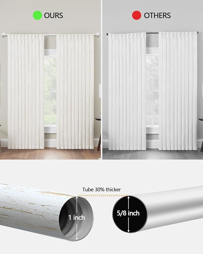 White Curtain Rods for Windows 32 to 45 Inch, Adjustable Boho Wood Curtain Rod Decorative Drapery Rods 1 Inch Heavy Duty Windows Rod for Farmhouse Kitchen Bedroom Living Room
