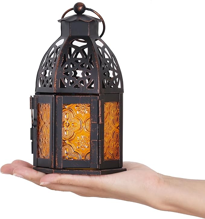 DECORKEY Decorative Moroccan Candle Lantern,9’’ Metal Hanging&Tabletop Lantern Candle Holder Decor, Halloween Christmas Ramadan Decorations for Home Indoor Outdoor Patio (Amber)