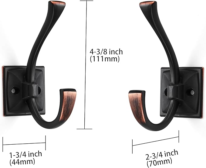 Large Wall Hooks 2 Pack Oil Rubbed Bronze Coat Hooks Hardware Towel Hooks for Hanging Coats 4.35 Inch Double Robe Hooks Wall Mounted with Screws for Key, Towel, Bags, Cup, Hat