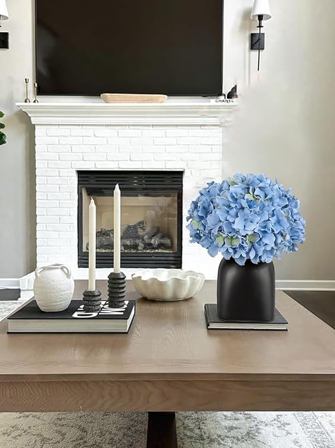 Briful Hydrangea Artificial Flowers Blue Silk Hydrangea Flowers in Deep Black Ceramic Vase Spring Flowers Arrangments Potted Fake Flowers for Home Decor Indoor Farmhouse Table Wedding Centrepiece