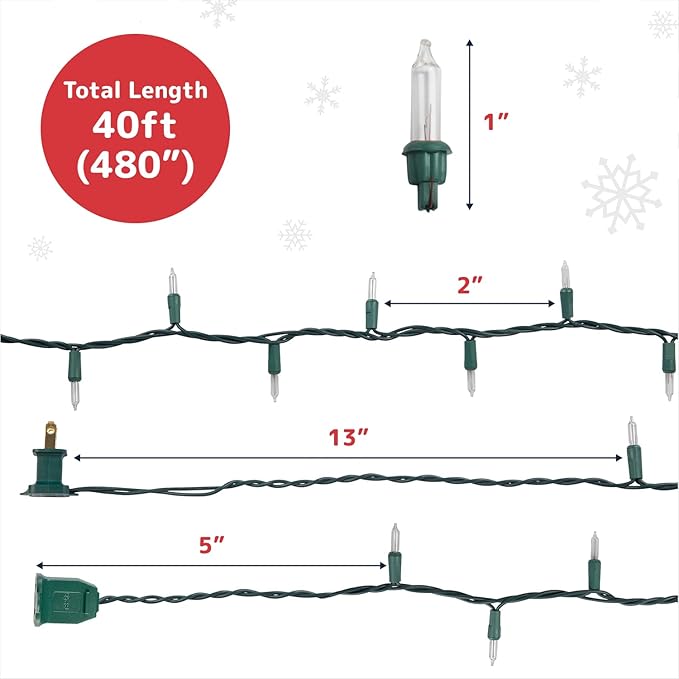 PREXTEX 200 Count Clear Christmas Tree Lights - 40 ft Warm Incandescent String Lights with Green Wire - Indoor and Outdoor Mini Light for Christmas, Holiday Decorations, Trees, Fences, Patios and More