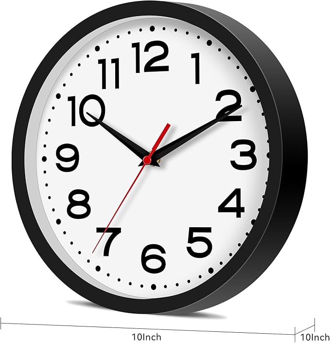 Wall Clock 10 Inch Silent Non-Ticking Modern Clock Battery Operated Classic Simple Minimalist Analog Decorative for Kitchen, Living Room,Office, Bedroom, Bathroom (Black)