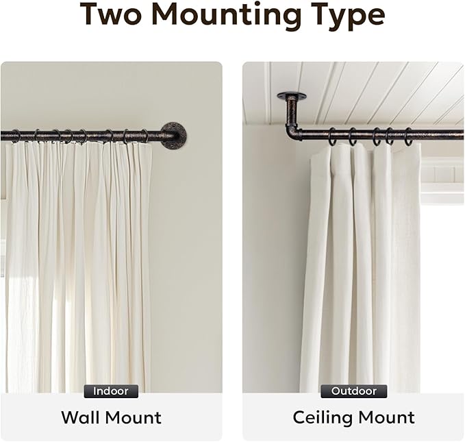 Zeerobee Curtain Rods for Windows 48 to 84, 1 Inch Industrial Wrap Around Vintage Bronze Curtain Rod, Indoor/Outdoor Room Divider Adjustable Drapery Pole, 48"-86"