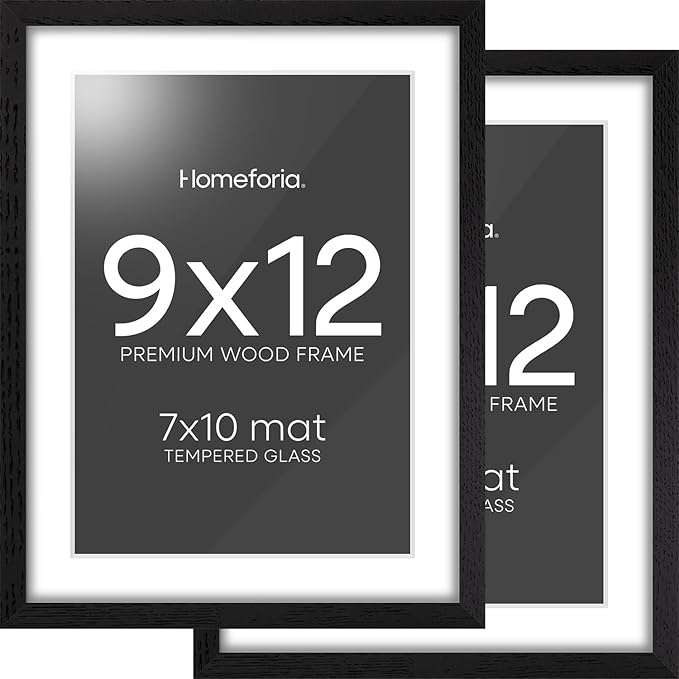 Homeforia 9x12 Black Wood Picture Frame, High End Oak 9 x 12 Frames with Mat 7 by 10 Art, 9by12 Black Wooden Frame Matted to 7x10 inch Photo, Wall or Tabletop Frame, Tempered Glass, Wall Kit, Set of 2