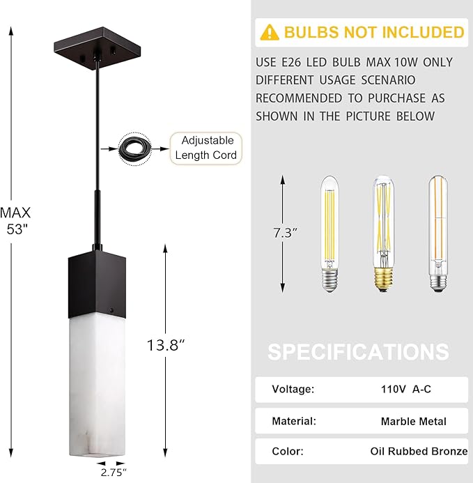 1 Light Hanging Kitchen Island Natural Alabaster Marble Pendant Ceiling Light Fixture,Modern Industrial Farmhouse Light Oil Rubbed Bronze Finish Over Sink Restaurant bar Corridor