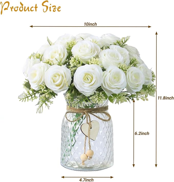 Faux Flowers in Vase,Fake Flowers in Vase 18 Pcs Faux Rose Flowers,Artificial Flowers for Home Decor, Indoor Centerpiece for Living Room & Dining Table (White)