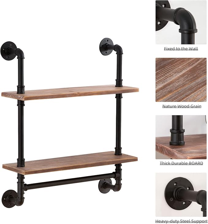 ROGMARS Industrial Pipe Shelving Bathroom Shelves with Towel bar, 30 in Rustic Floating Shelves Pipe Wall Shelf with Hooks for Living Room,Kitchen