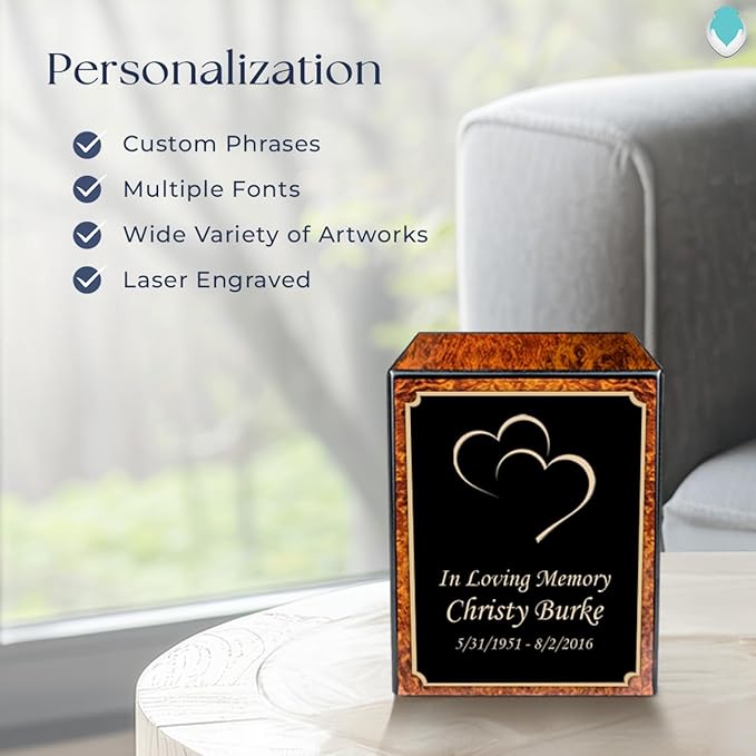 GetUrns Custom Heart Small Urn Box for Human Ashes I Personalized Wooden Keepsake Cremation Urn for Male or Female I Burl Wood Memorial Box I 40lbs