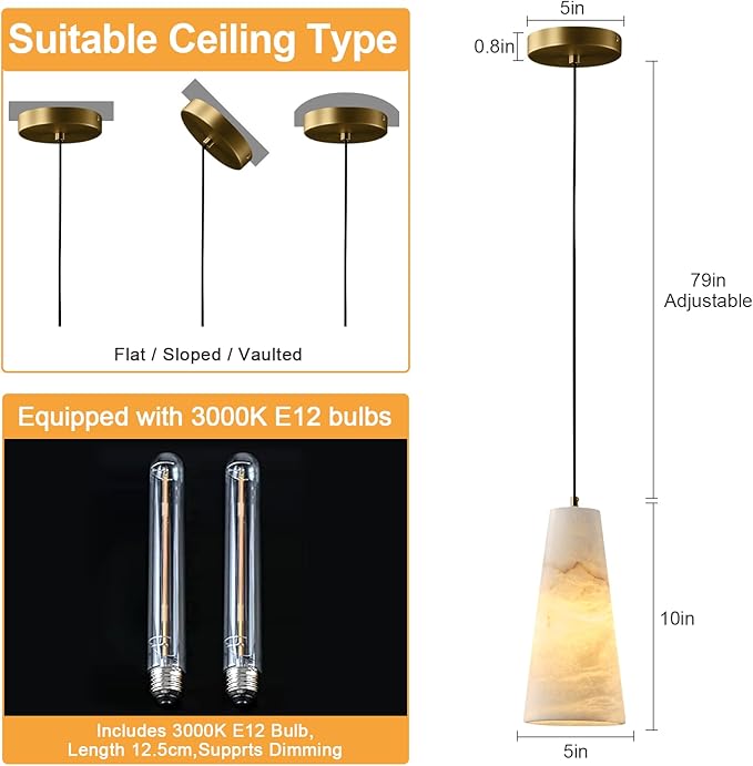 Alabaster Pendant Lights Kitchen Island,White Pendant Light Set of 2, Marble Shade Brass Cone Lighting Fixtures for Bedroom Bathroom Dining Room Living Room H-10in (Bulbs INCL)
