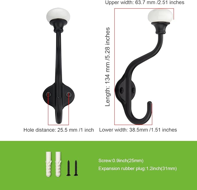 CHIVS Coat Hooks- 5 Pack Matte Black Wall Hooks, Ceramic Coat Hooks, Decorative Wall Mounted Towel Hanger, zinc Double Prong Hook for Hanging Clothes, Keys, Hats, Backpacks