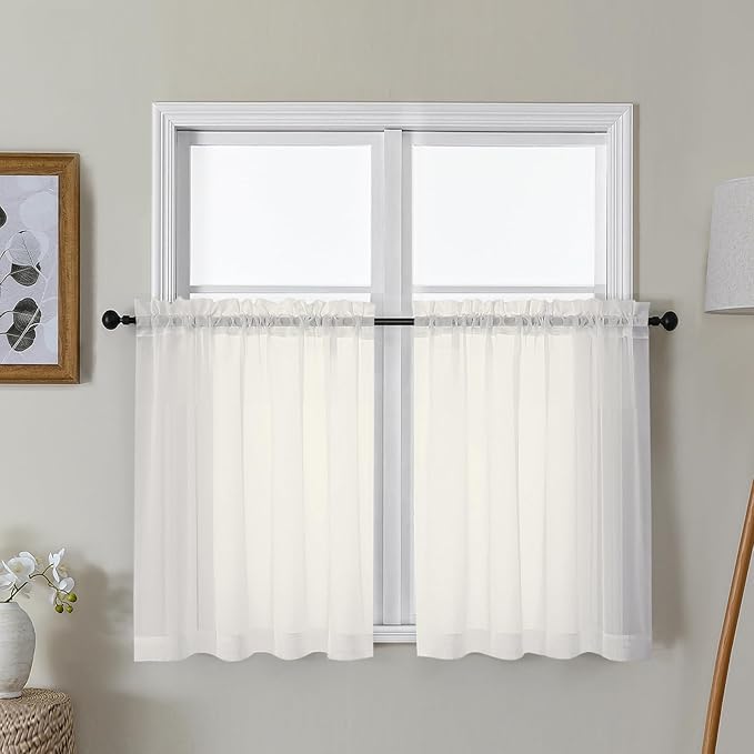 Gwine Ivory Sheer Curtains 30 Inch Length, Short Light Filtering Voile Small Cafe Kitchen Curtains with Rod Pocket, Short Curtain for Bathroom Window, 42x30 Inch, 2PCS