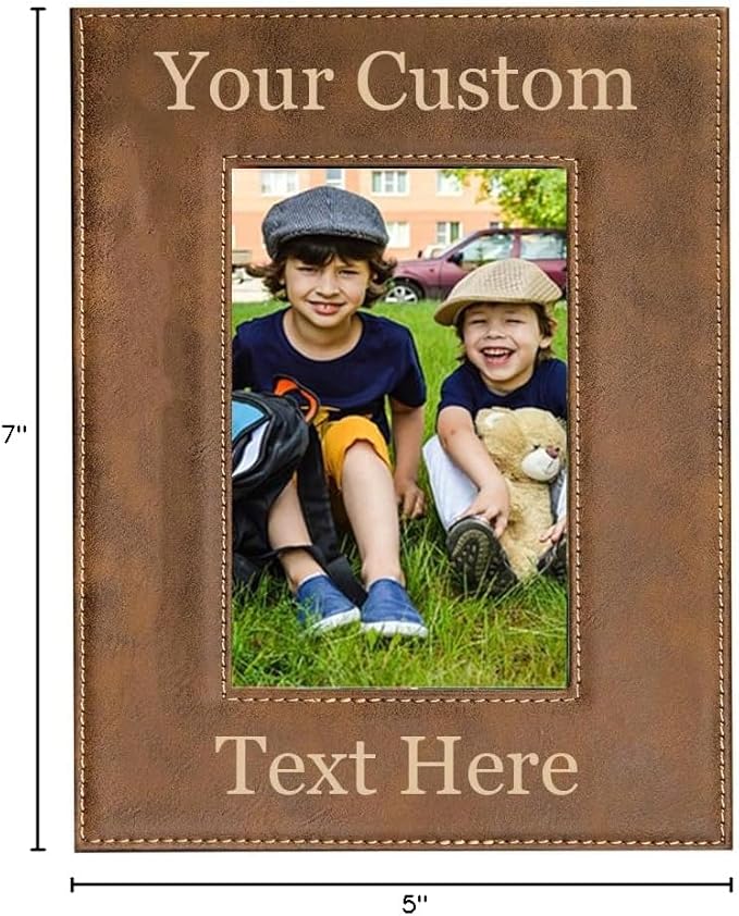Personalized Add Your Custom Text Engraved Leatherette Faux Leather Hanging/Tabletop Personalized Group Family Photo Picture Frame (Rustic, 5x7-inch Vertical)