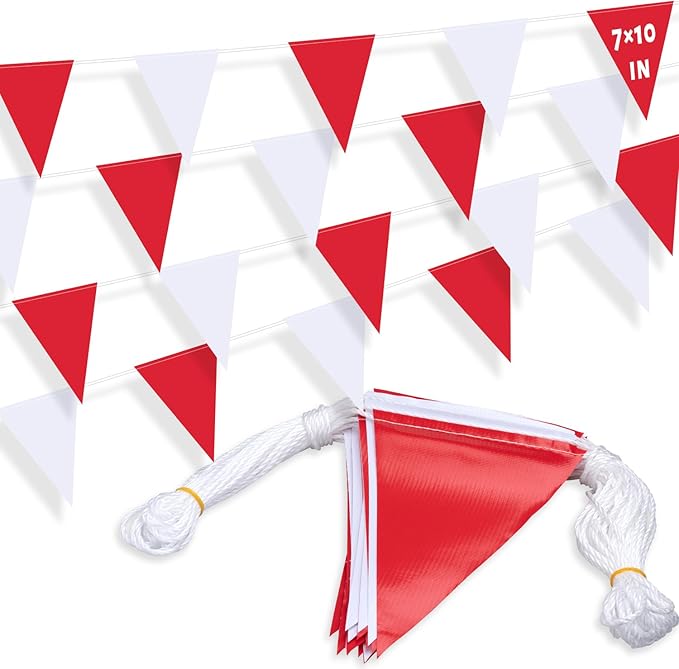 105ft Pennant Banner Flags, 7x10 Red and White 45 Pcs High Visibility Safety Flagging on String, Triangle Pool Flag for Backstroke, Construction Events Party Decoration Parking Marking Outside