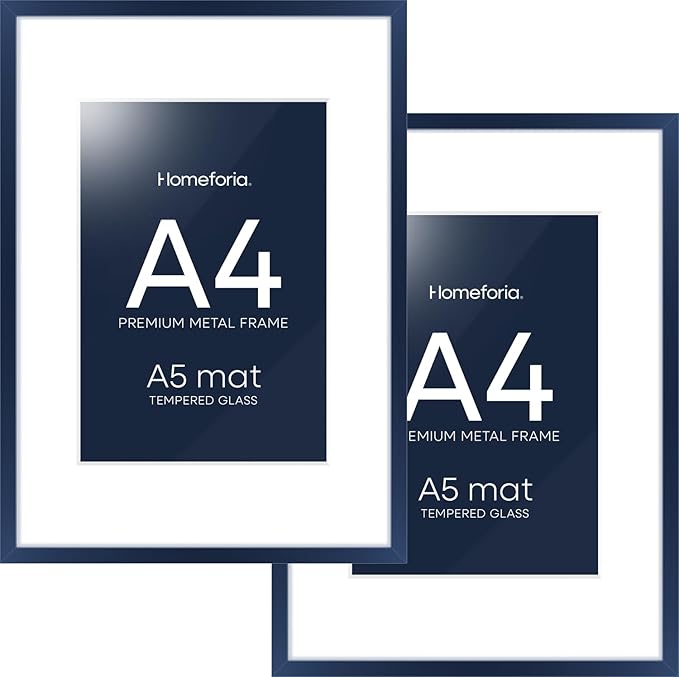 Homeforia A4 Picture Frame Navy Blue, High End Metal 8.3 x 11.7 inch Poster Frames with Mat 5.8 by 8.3 Art, A4 Size Frames Matted to A5 Photo, 8.3x11.7 Wall or Tabletop Frame, Tempered Glass, Set of 2