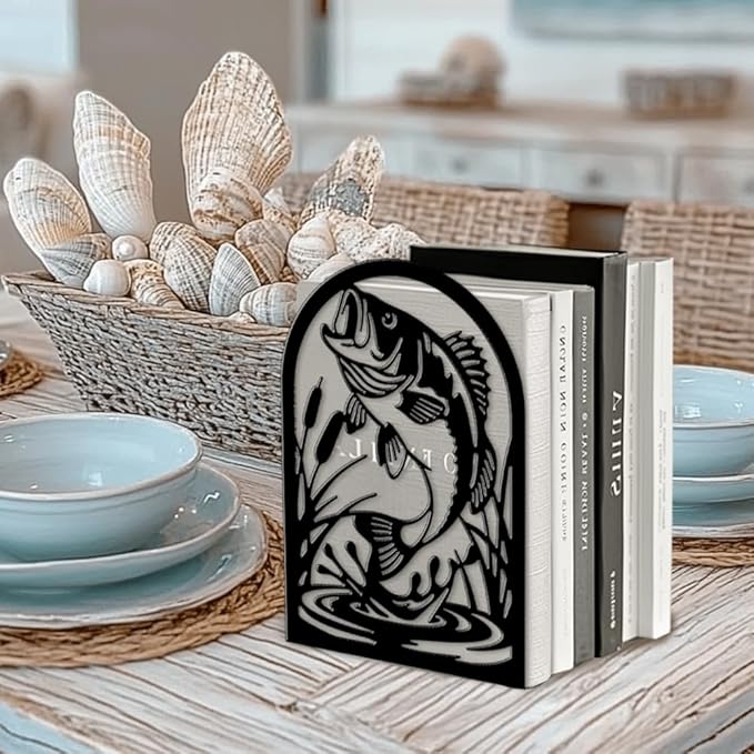 Peacoblue Metal Bookends for Shelves, Modern Decorative Heavy Duty Study Book Ends Stoppers for Office, Desk, Shelf, Room 5.3"x4.3"x7.9" Cast Iron Simple Tall Bookends 1 Pair (Fish)