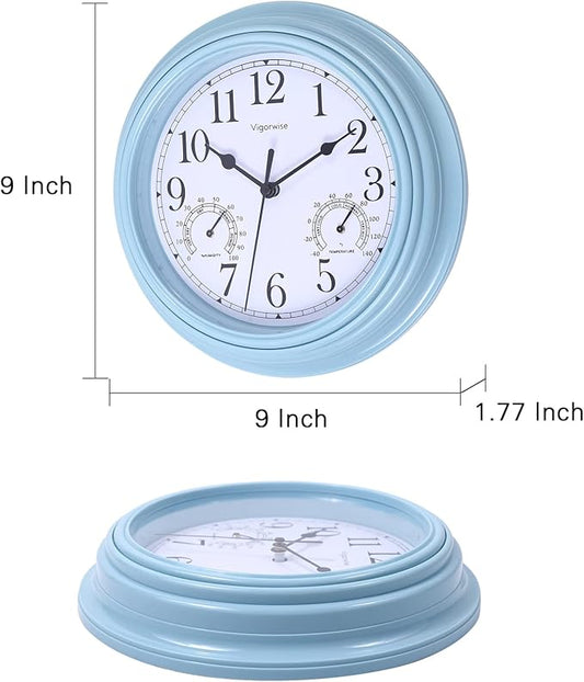 Wall Clock, Sweep Silent Movement Accurate Clocks with Temperature & Humidity, Decorative for Kitchen/Living Room/Bedroom/Office/School/Classroom (Blue, 9 inch)