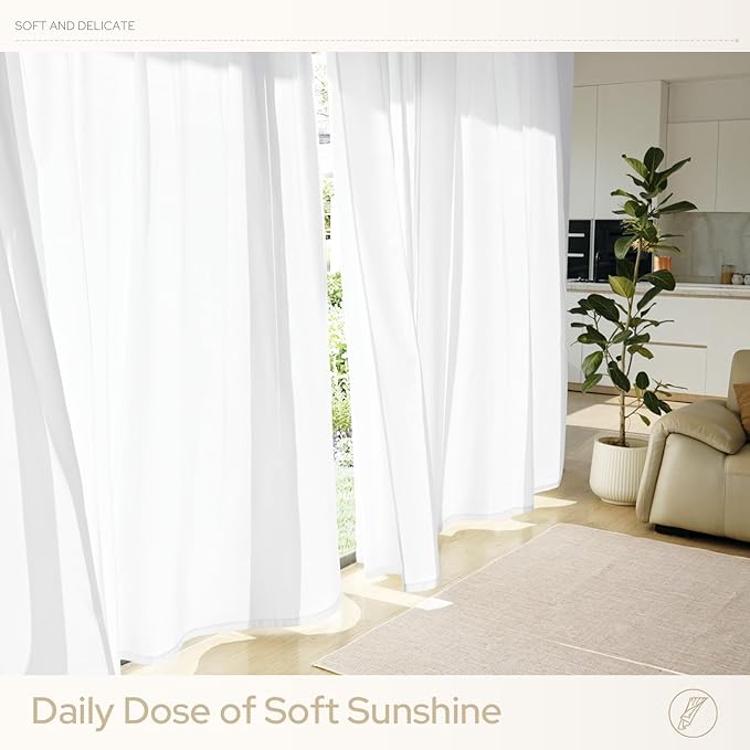 HOMEIDEAS Non-See-Through White Privacy Semi Sheer Curtains 108 Inches Long 2 Panels Set Light Filtering Curtains for Living Room Bedroom Large Window Treatment Drapes, W52xL108