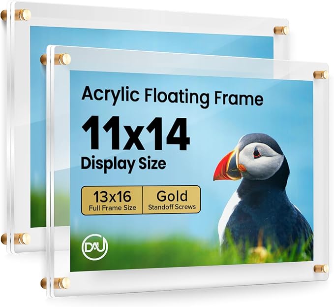Acrylic Floating Frames Gold Standoffs (2-pack) 11" x 14" Clear Acrylic Frames for Wall Mount Floating Picture Frame, Diploma Poster Certificate Hanging Photo Display Degree Prints Artwork Documents