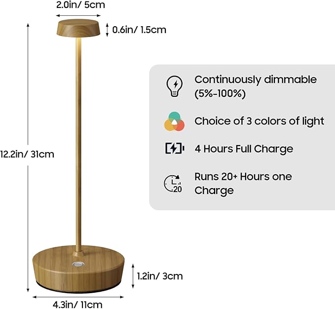 Cordless LED Table Lamp，Rechargeable Battery Desk Lamps, 3 Color Stepless Dimmable Metal Battery Table Lamps, Portable Waterproof Table Light for Indoor/Outdoor/Restaurant (2Pack Wood Grain)