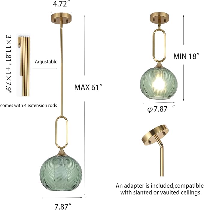 Green Glass Pendant Light Set of 2 Modern Globe Pendant Lighting Nordic Ribbed Gold Ceiling Hanging Chandelier with Brushed Brass Adjustable Rods Dining Room Kitchen Island Light Fixture
