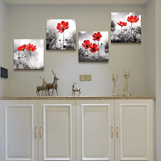 Wall art 4Panel Modern Salon Theme Black and White Plant The red flower Flower Abstract Painting Still Life Canvas Wall Art for Home Decor Flower Canvas Print Wall Art Painting For Living Room Decor