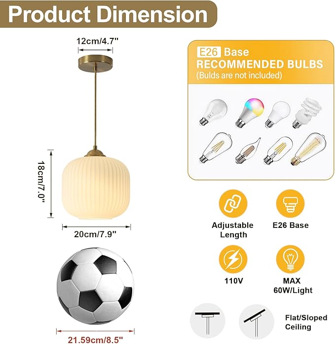 Gold Milk Glass Pendant Light Antique Brass Hanging Light Small White Pendant Lights Kitchen Island Vintage Ribbed Glass Ceiling Light Mid Century Modern Dining Room Pendant Lighting