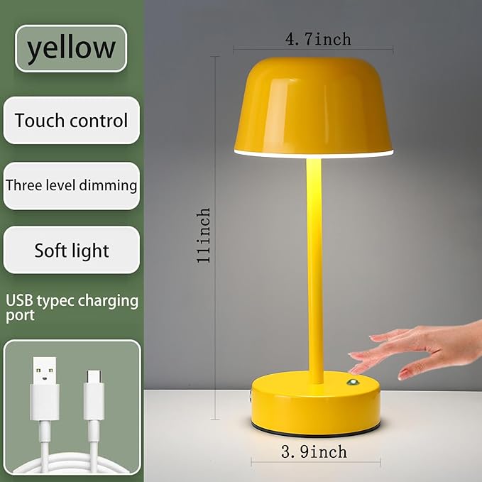 Rechargeable Table Lamp, Yellow Mushroom Table Lamp with USB Port, Battery Operated Touch Small Lamp for Nightstand, Bedside, Bedroom, Living Room, Dining Room